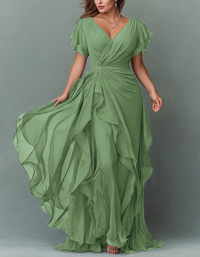 Women Maxi Dress Tiered Ruffle V-Neck Wedding Guest