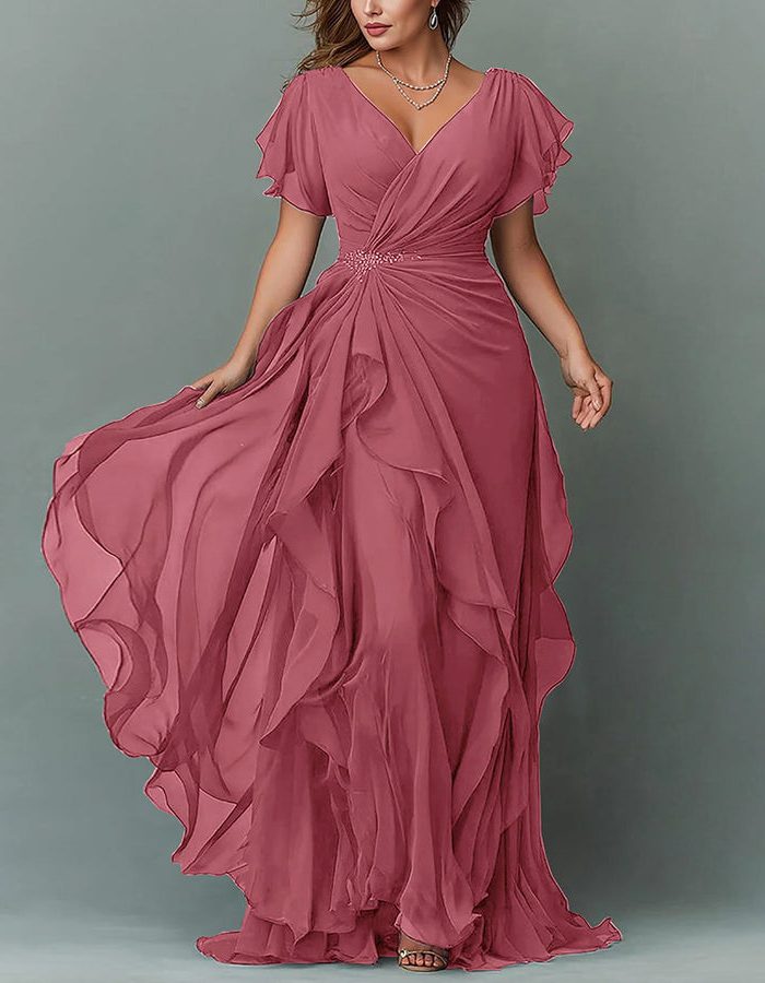 Women Maxi Dress Tiered Ruffle V-Neck Wedding Guest