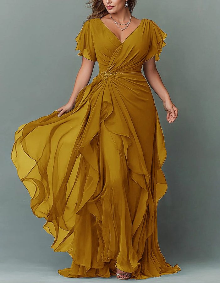 Women Maxi Dress Tiered Ruffle V-Neck Wedding Guest