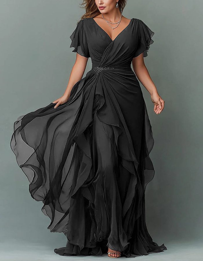 Women Maxi Dress Tiered Ruffle V-Neck Wedding Guest