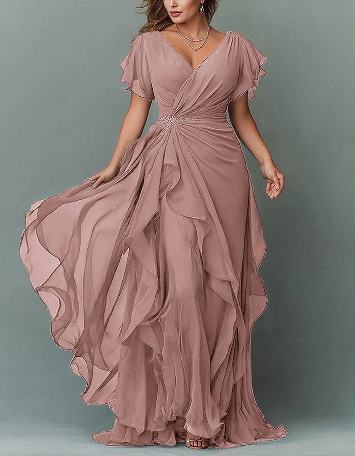 Women Maxi Dress Tiered Ruffle V-Neck Wedding Guest