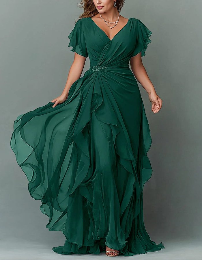 Women Maxi Dress Tiered Ruffle V-Neck Wedding Guest