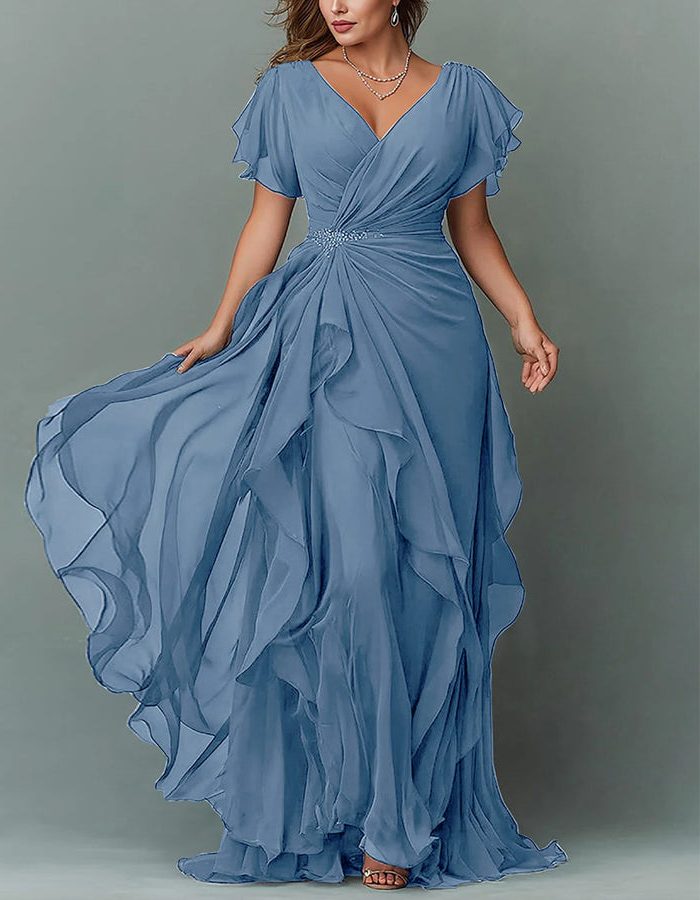 Women Maxi Dress Tiered Ruffle V-Neck Wedding Guest