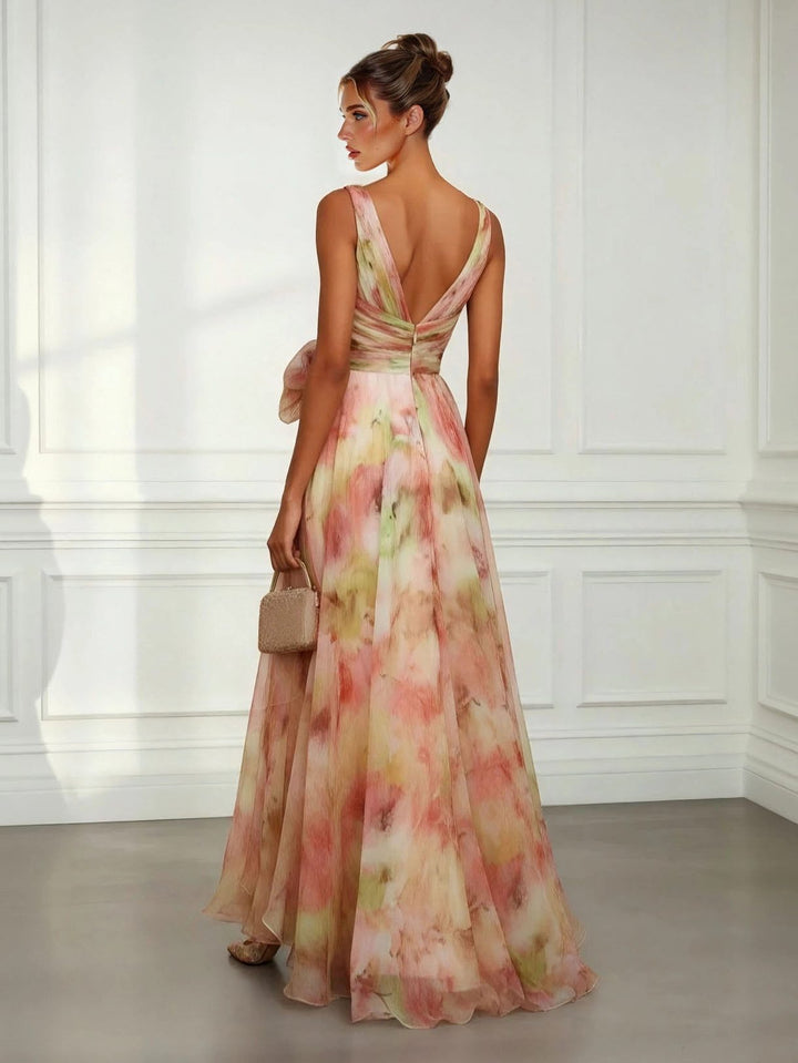 Women Maxi Dress V-Neck Tie-Waist Wedding Guest