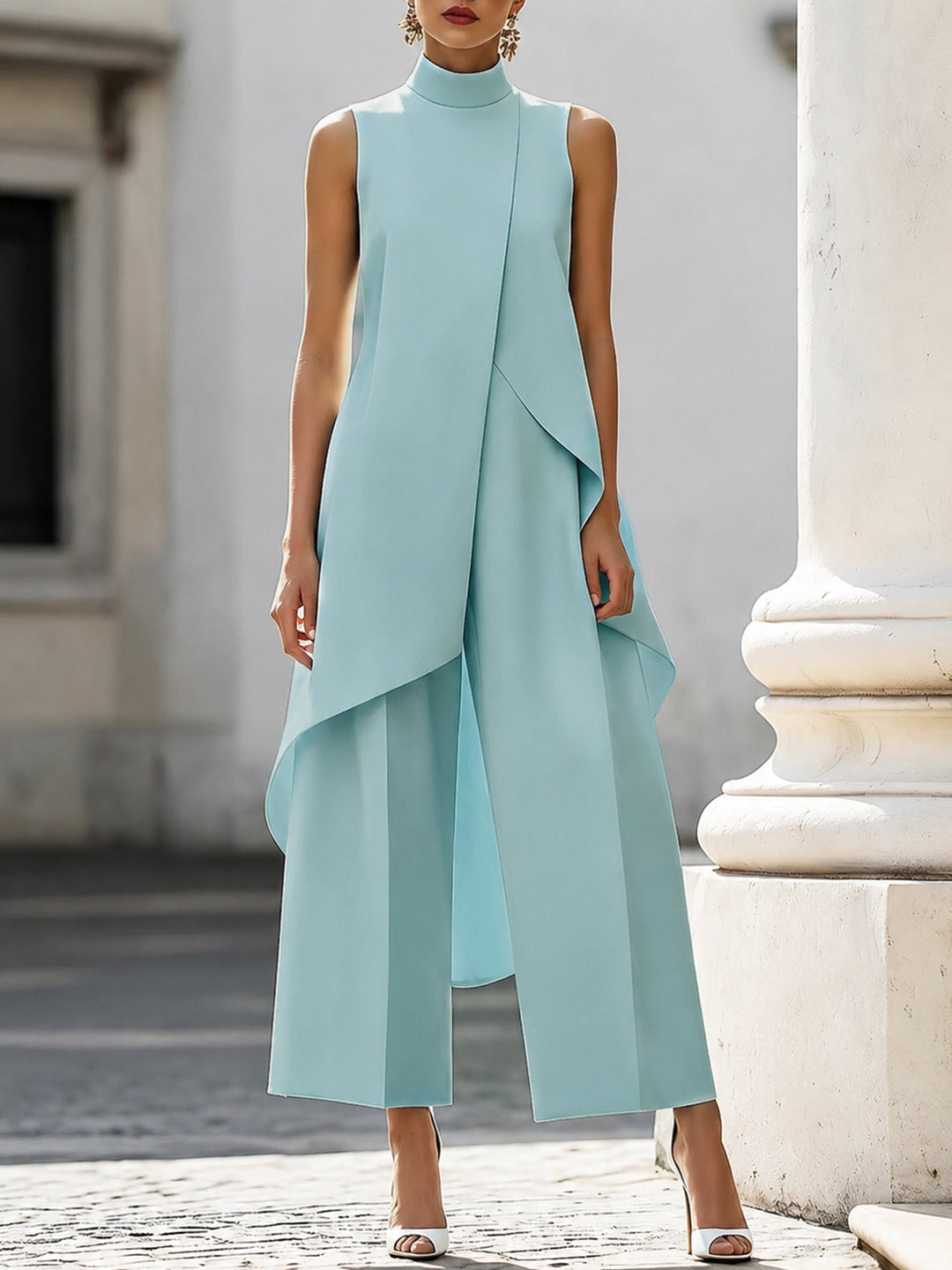 Women Sleeveless Wide Leg Trouser Two Piece Set