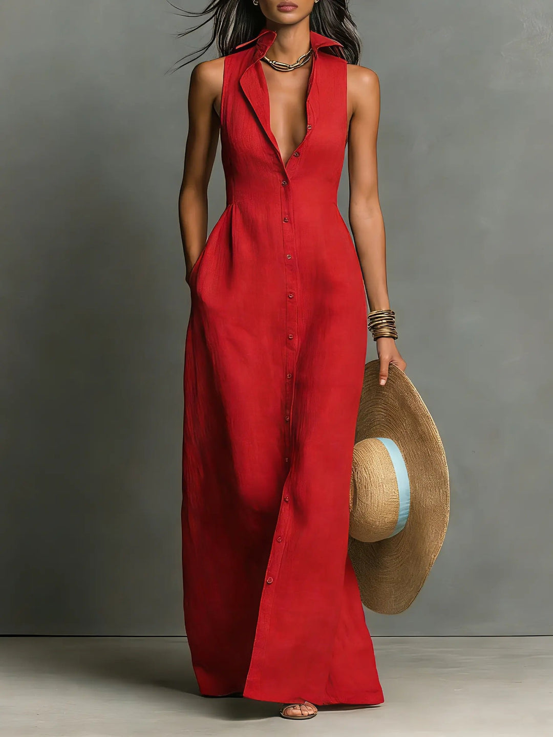 Sleeveless Maxi Shirt Dress for Women Button Front