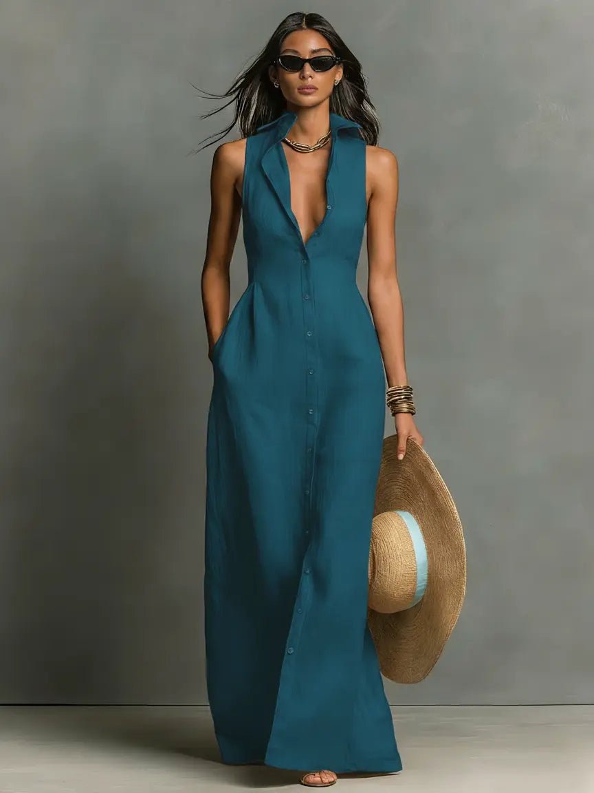 Sleeveless Maxi Shirt Dress for Women Button Front