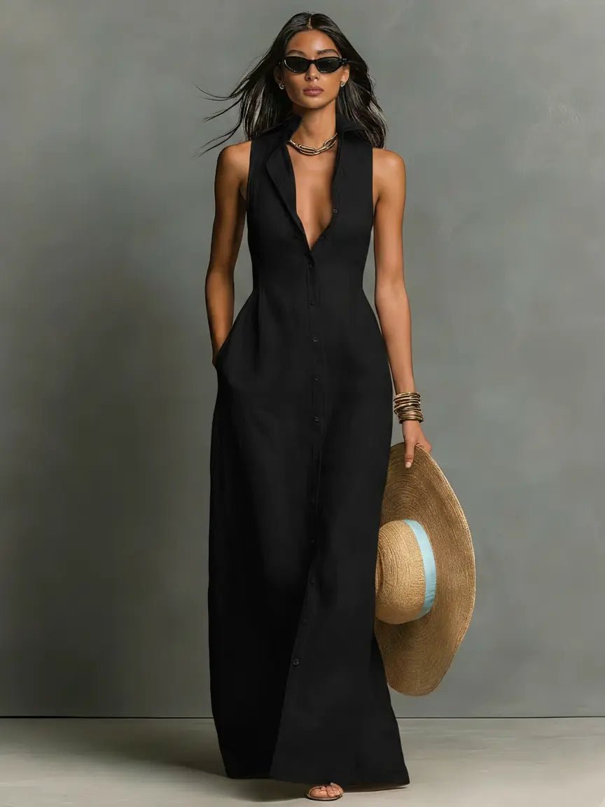 Sleeveless Maxi Shirt Dress for Women Button Front
