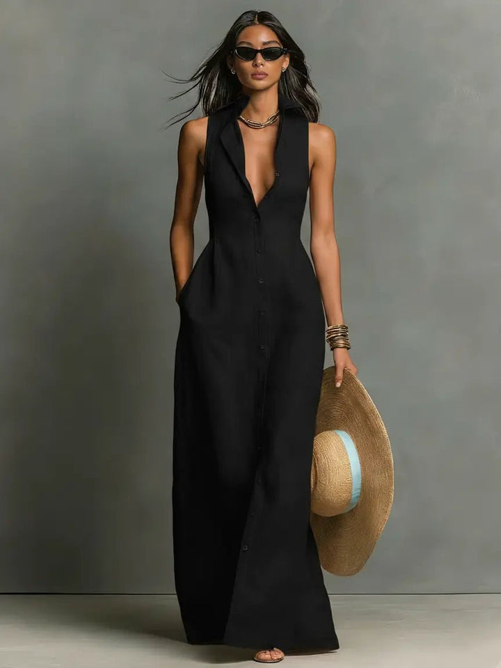 Sleeveless Maxi Shirt Dress for Women Button Front