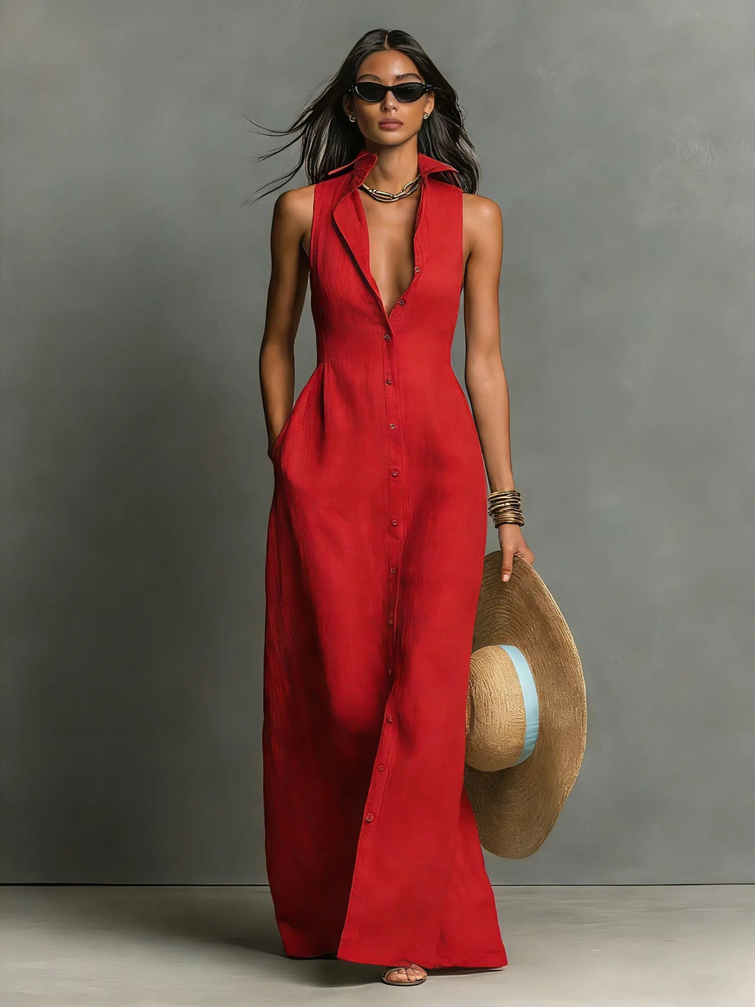 Sleeveless Maxi Shirt Dress for Women Button Front